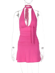 Halter Deep V-Neck Drape Ribbion Mini Dress