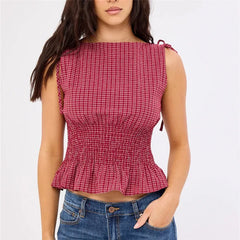 Gingham Tie Shoulder Ruched Tank Top