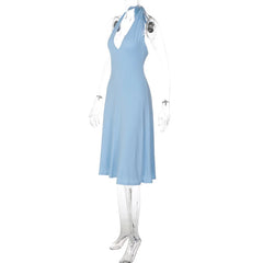 Halter Deep V-Neck Flared Midi Dress