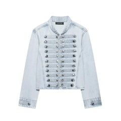 Denim Embroidered Button Jacket And Micro Shorts Set