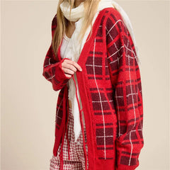 Red Plaid Lace Up Knit Cardigan
