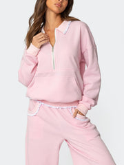 Lace Trim Long Sleeve Collared Sweatshirt with Front Pocket and Wide Leg Sweatpants Set