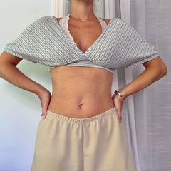 Grey Deep V-Neck Short Sleeve Striped Crop Top