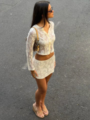 White Lace Sheer Shirt And Mini Skirt Set