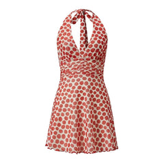 Polka Dot Mesh Halter Tie Up V-Neck Mini Dress