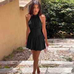 High Neck Tie Up Pleated Hem Mini Dress