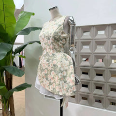Jacquard Floral Print O-neck Sleeveless Irregular Weave A-line Mini Dress