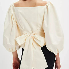 White Quarter Puff Sleeve Back Bow Top