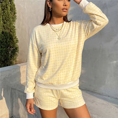 Gingham Long Sleeve Crew Neck Sweatshirt And Drawstring Shorts Set