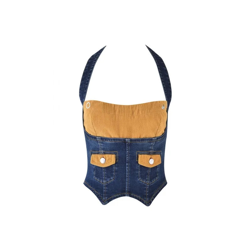 Denim apron with mustard yellow interior on a white background