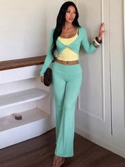 Cami Top With Detachable Sleeve And Flare Yoga Pants 3-Piece Set