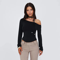 Black One-Shoulder Long-Sleeve Tassel Scarf Top
