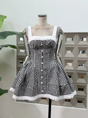 Flare Square Neck Plaid Mini Dress