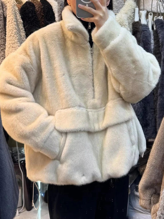 Faux Fur  Stand Collar Zip Long Sleeve Sweatshirt