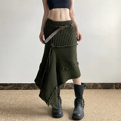 Grey Irregular Knitted Midi Skirt