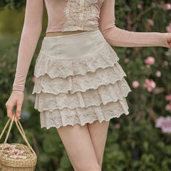 Layered Ruffles Eyelet Mini Skirt