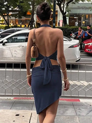 Navy Blue Halter Neck Drawstring Asymmetrical Top And Mini Skirt Set