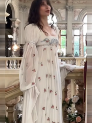White Floral Square Neck Long Puff Sleeve Maxi Dress