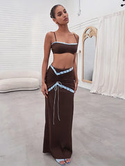 Brown Lace Patchwork Crop Top And Ruched Drawstring Maxi Skirt Set
