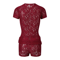 Sheer Red Lace Short Sleeve Crop Top And Shorts Set