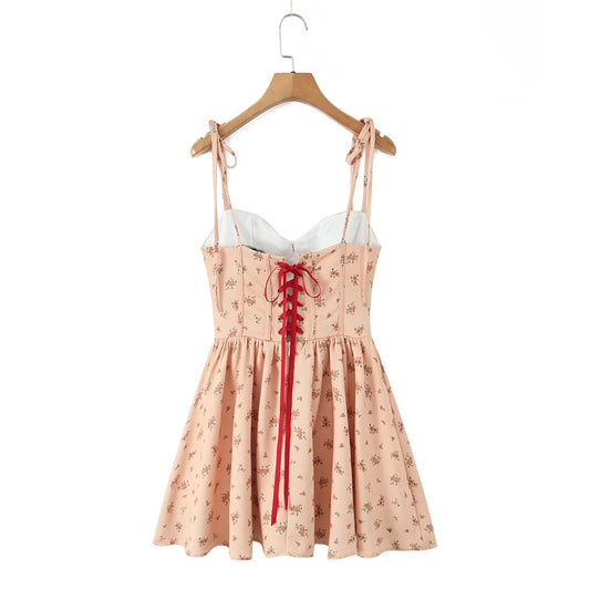 Orange Floral Print Bow  Tie Up Mini Dress