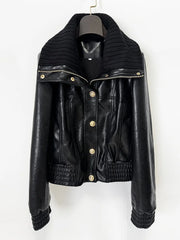 Black Pu Leather Gold Button Zip Collar Jacket