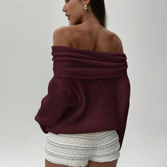Off The Shoulder Fold Over Long Sleeve Ribbed Sweater