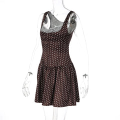 Satin Brown Polka Dot Lace Plunge Mini Dress