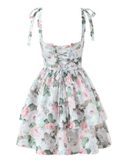 Print Corset Style Bow Strap Tiered Ruffled Mini Dress