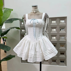Embroidery Lace-up Crossover Strap Mini Dress