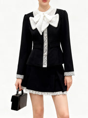 Black Lace Bow Quilted Short Blazer And Skirt Set