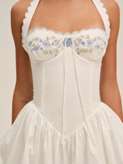 White Embroidery Halter Mini Dress