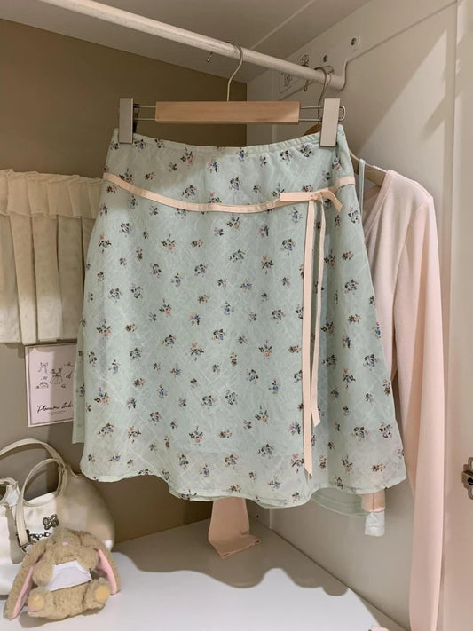 Blue Floral Print Bow Waist Short Skirt
