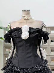 Off-shoulder Frill Rose Corset Top And Polka Dot Ruffle Mini Sirt Set