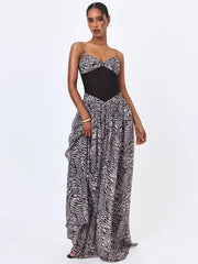 Zebra Print Spaghetti Strap Mesh Corset Patchwork Maxi Dress