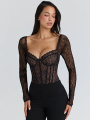 Black Lace Long Sleeve Corset Bodysuit