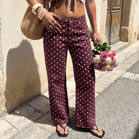 Brown High Waist Polka Dot Wide Leg Jeans