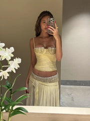 Yellow Diamonds Lace-up Top And Irregular Hem Midi Skirt Set