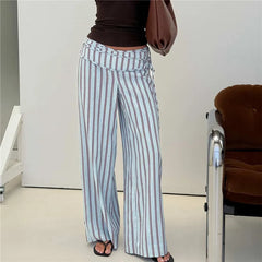Striped/Solid Mid Rise Wide Leg Trousers
