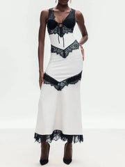 White Lace Patchwork Mermaid Hem Midi Dress