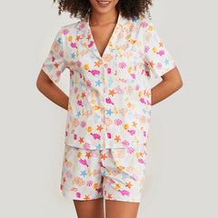 Ocean Print Button T-Shirt and Elastic Shorts Loungewear Set