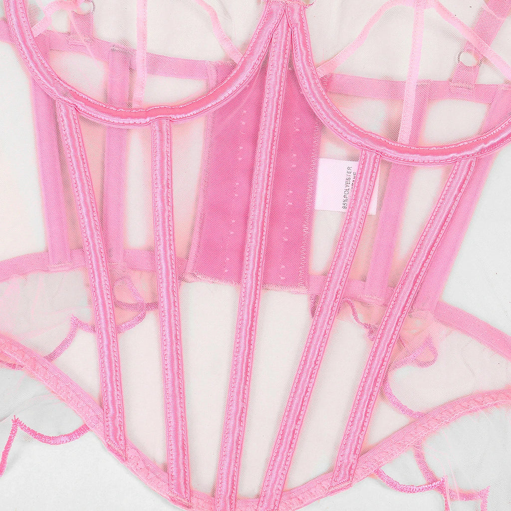 Pink Mesh Bonning Bralette And Panty Lingerie Set
