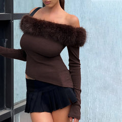 White Knit Fur Off Shoulder Asymmetrical Top