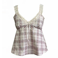 Plaid babydoll top with lace trim - front