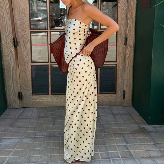 Polka Dot Satin Tie Up Crop Top And A-line Maxi Skirt Set