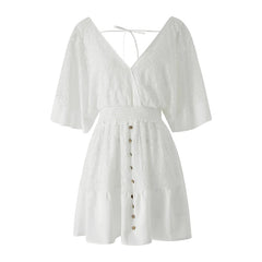 White Lace Flared Short Sleeves V-neck Mini Dress