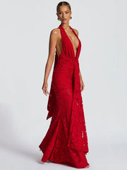 Deep V Backless Drape Ruffles Maxi Dress