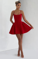Red Strap Pleated A-Line Mini Dress