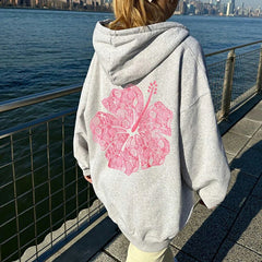 Grey Floral Print Zip-up Oversized Hoodie
