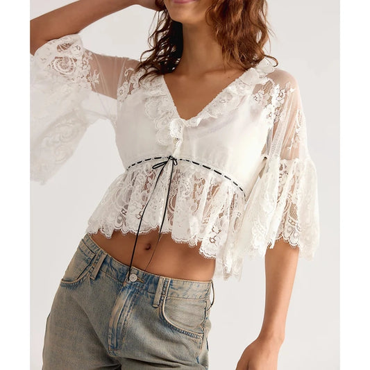 White Lace Bell Sleeves Ruffle Hem Cropped Blouse